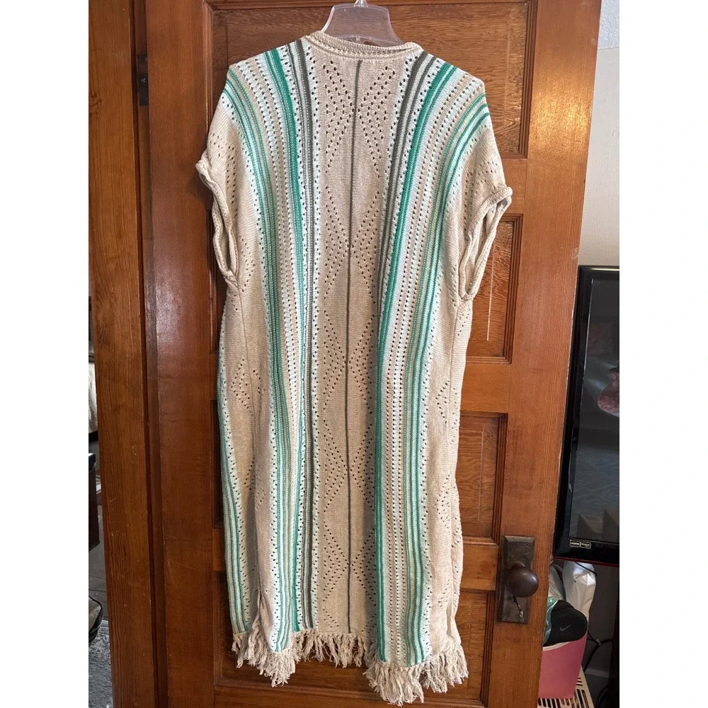 Christophe & Banks Women XL Knit Duster Cardigan Beige Green‎ Striped Fringe